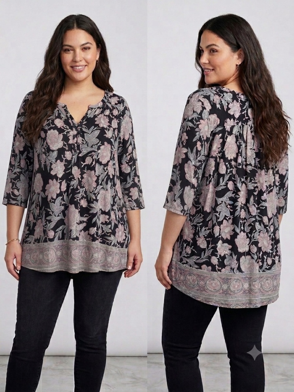 Lucky Brand Shirt Women 2X Black Boho Peasant Tunic Blouse Top Floral 3/4 Sleeve
